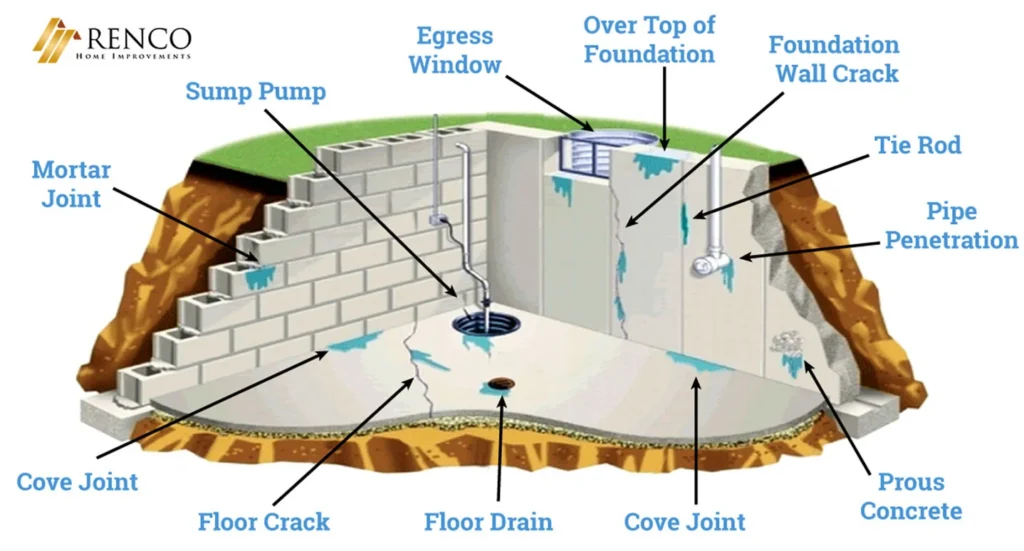 Detailed diagram illustrating various foundation crack types commonly found in residential basements.