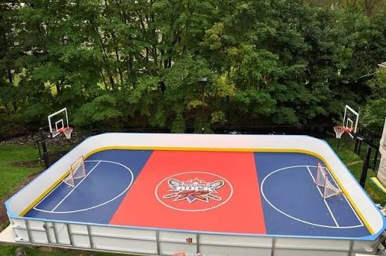 Backyard hockey rink with boards